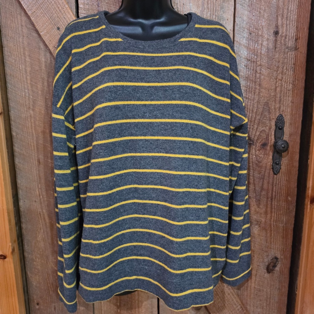 Maurices Plus Size 0X Striped Top Crewneck Knit Sweater Gray Yellow Loose Fit